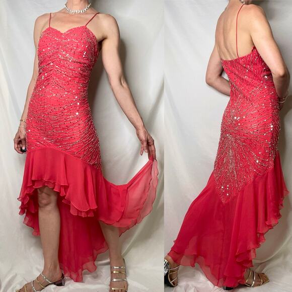 Scala prom dress coral pink 100% silk‎ ruffle hem slip gown beaded sequin formal - Picture 13 of 17